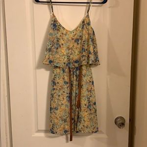 Yellow and blue floral day dress with belt